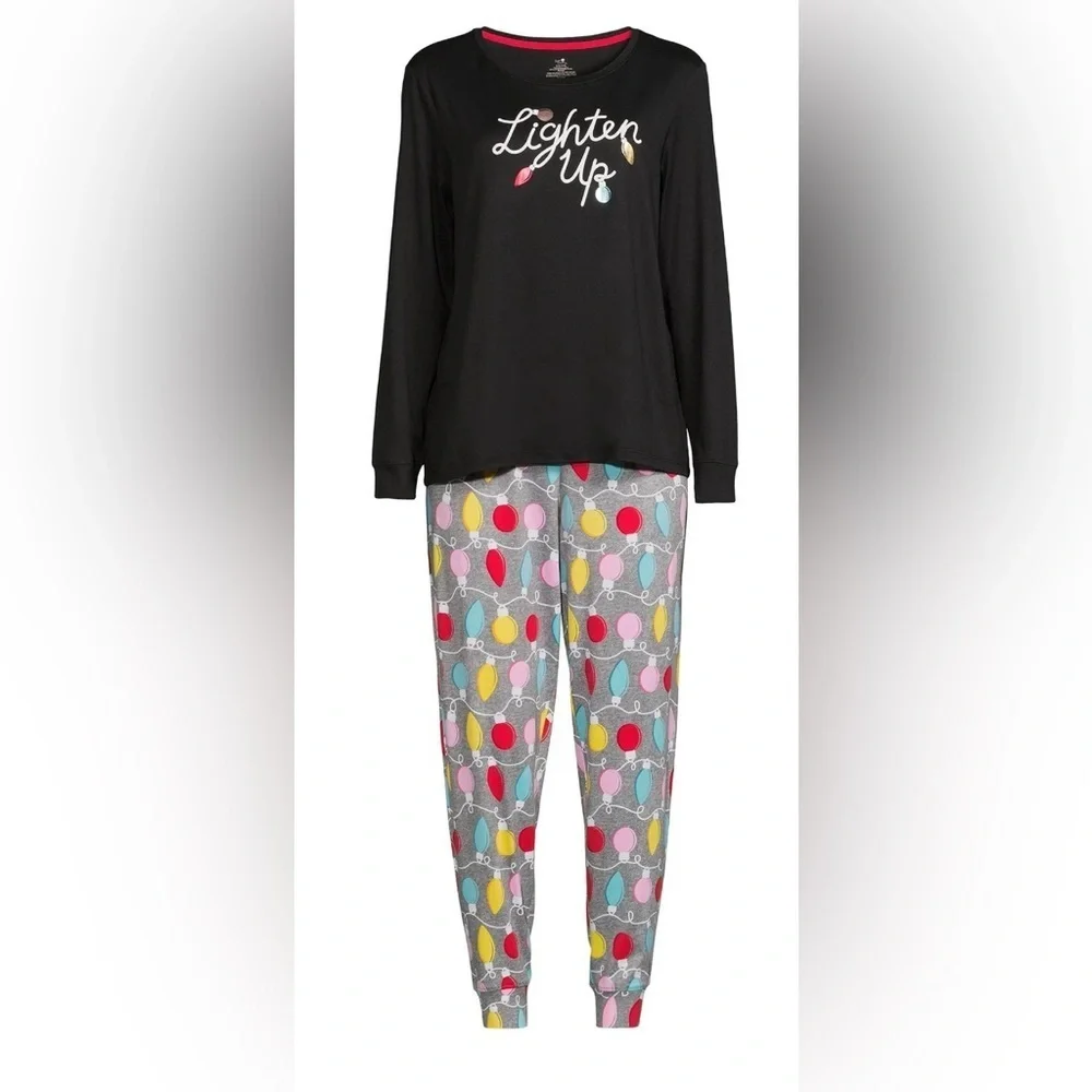 NWT Secret Treasures Black Long Sleeve Multicolor Jogger Pajama Set Holiday Lg